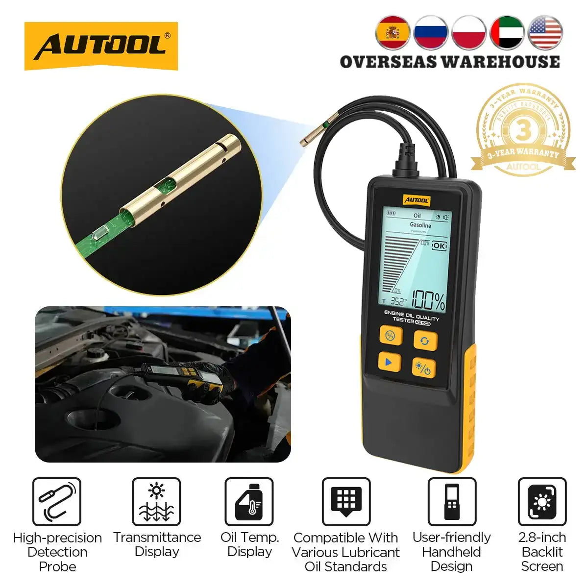 AUTOOL AS503 自動車エンジンオイルテスター ガソリン・ディーゼルエンジンオイル透過率測定 油質・温度（°C/°F）表示