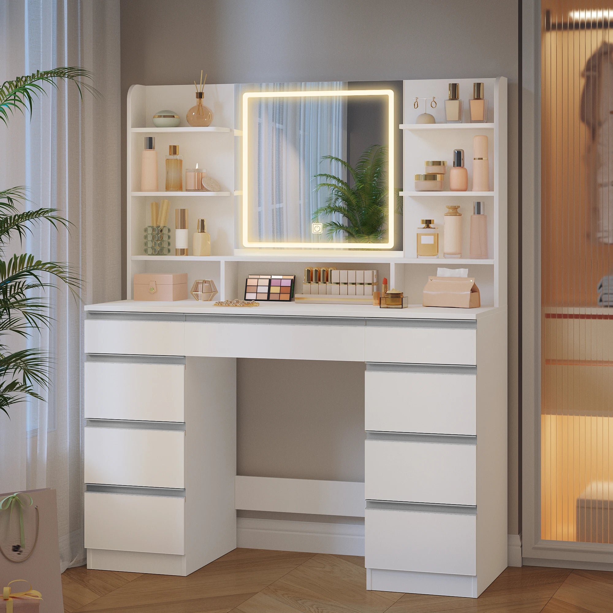 Large Dressing Table with LED Lighting, 3 Colours, Brightness Control,  with Mirror, 9 Drawers, 9 Open Shelves