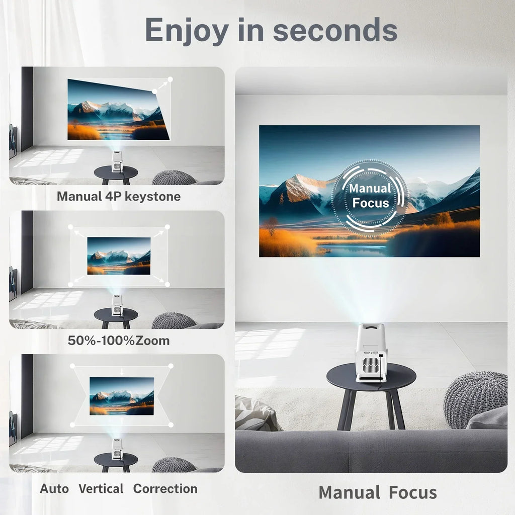 Smart Mini Projecteur 1080P Support 4K avec WiFi 6 et BT 5.4 Applications intégrées Android TV Correction Trapézoïdale Automatique Rotation à 180° Vidéoprojecteur Extérieur