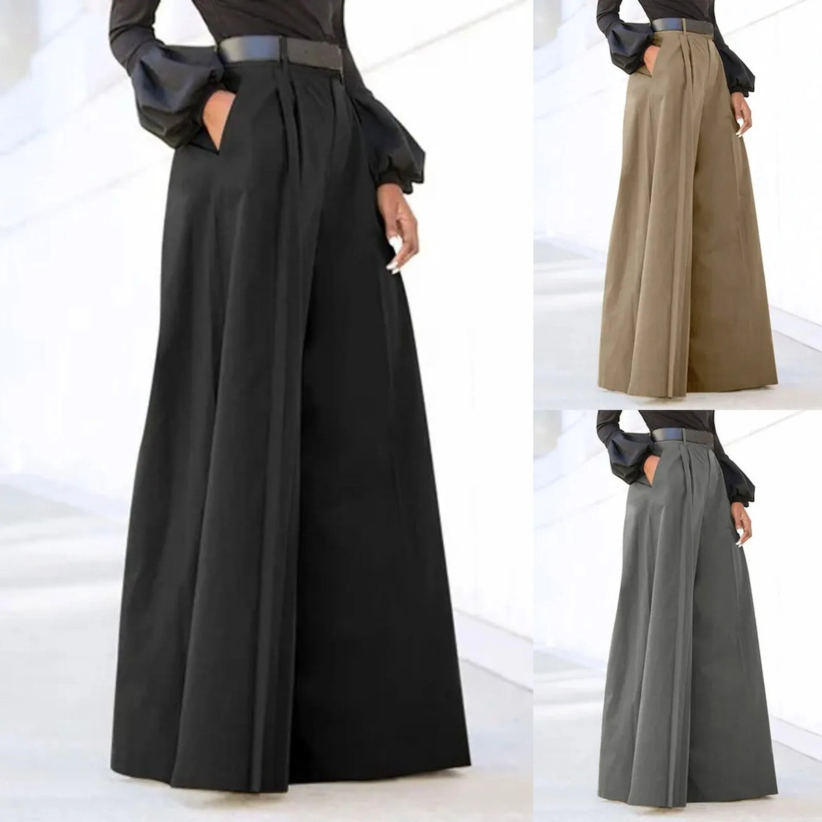 Pantalones holgados y cómodos con bolsillos para mujer, pantalones elegantes de pierna ancha para fiesta, pantalones de tiro alto para mujer fina