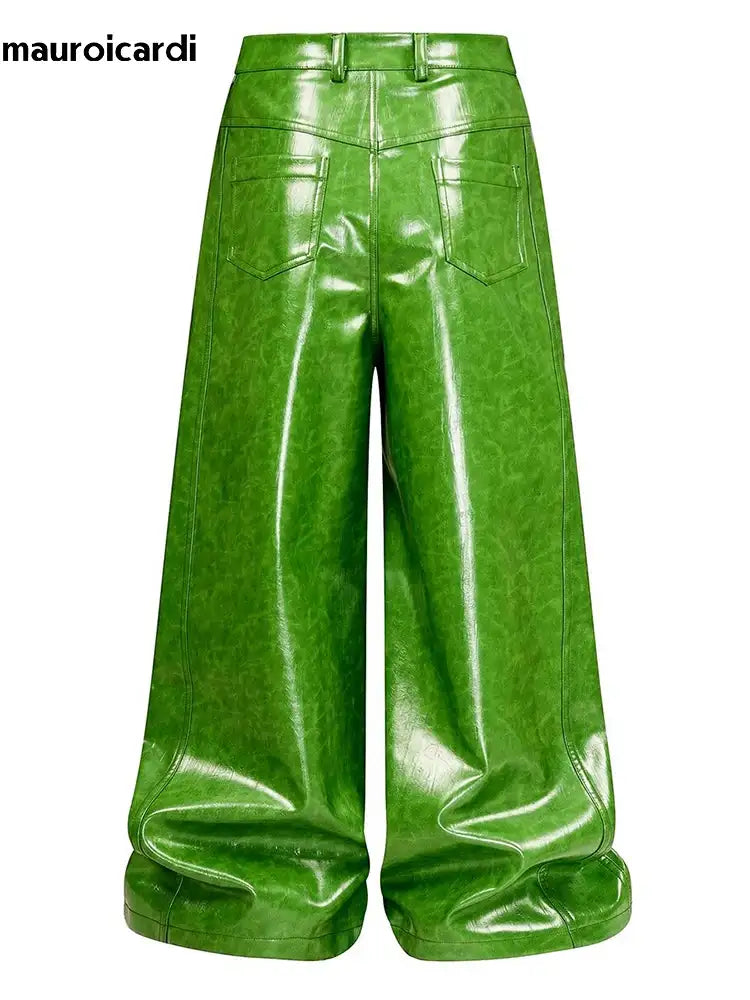 Mauroicardi Spring Autumn Cool Long Shiny Reflective Green PU Leather Wide Leg Pants for Men - Y2K Luxury Style