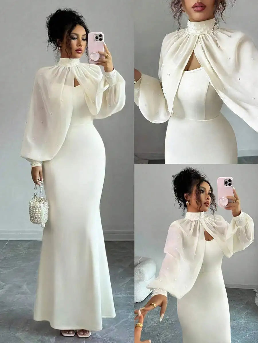 Elegante vestido de sirena rosa con capa transparente de pedrería, conjunto de vestido ajustado