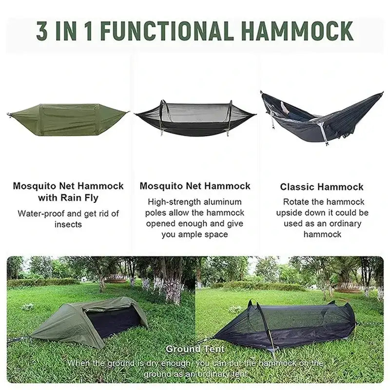 3-in-1-Tunnel-Moskitonetz-Hängematte mit wasserdichtem Regenschutz - Baumzelt für Solo-Camping, leicht und allwettertauglich