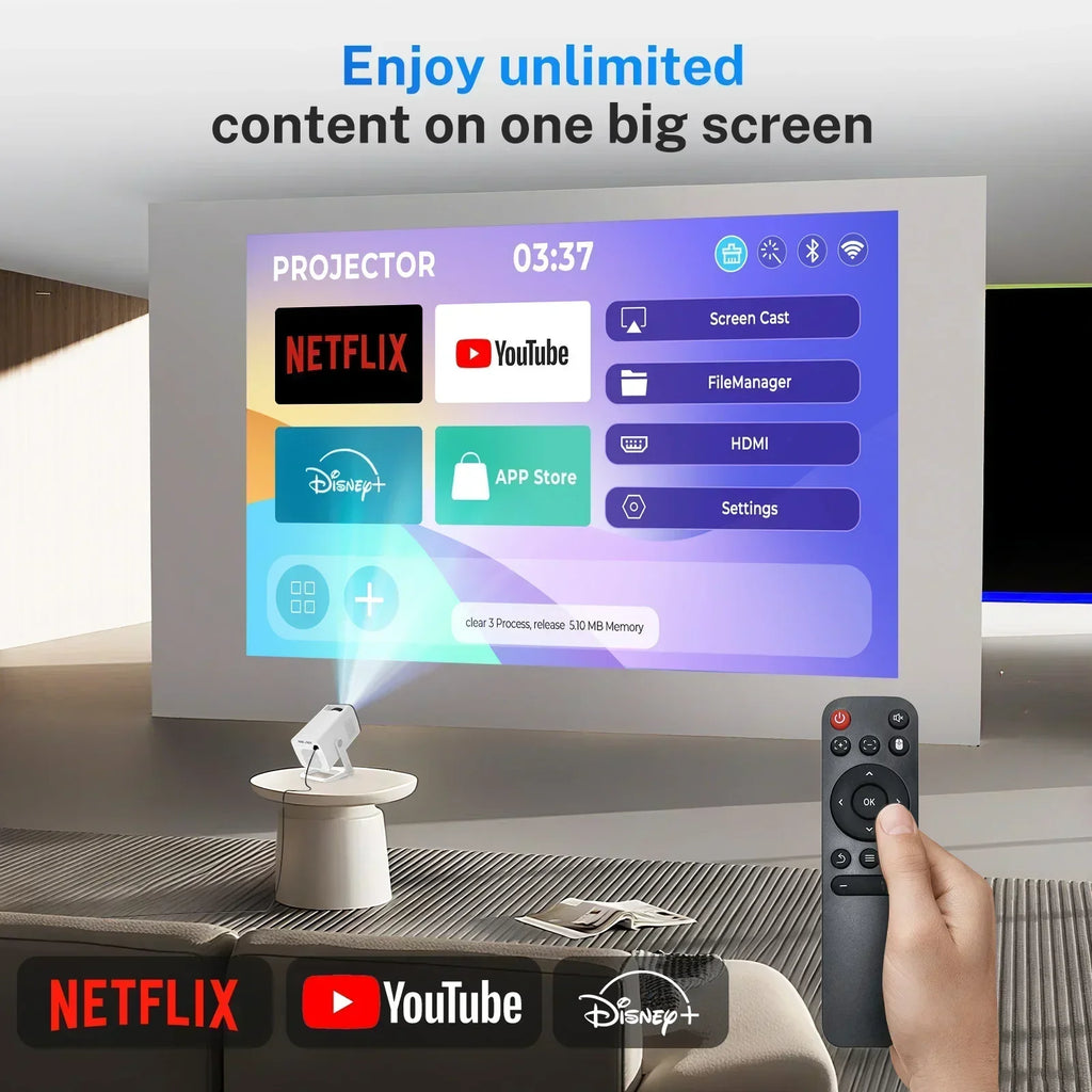 Smart Mini Projecteur 1080P Support 4K avec WiFi 6 et BT 5.4 Applications intégrées Android TV Correction Trapézoïdale Automatique Rotation à 180° Vidéoprojecteur Extérieur