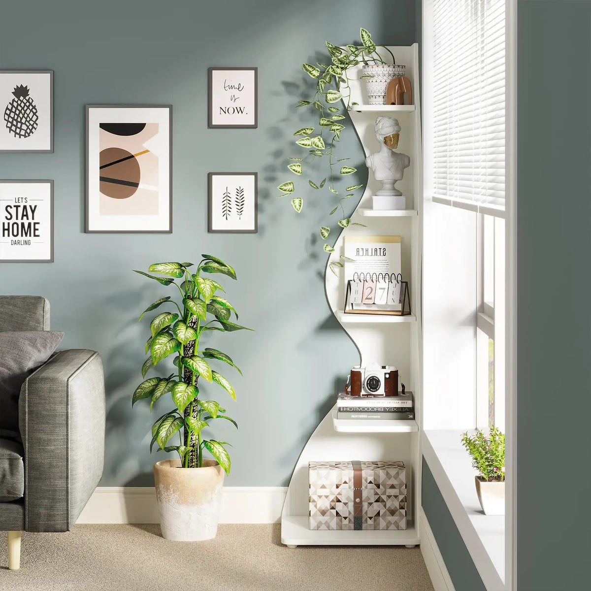 Tribesigns Corner Shelf, Modern 5-Tier Wall Corner Bookshelf, Stylish Corner Small Bookcase Storage Rack Plant Stand