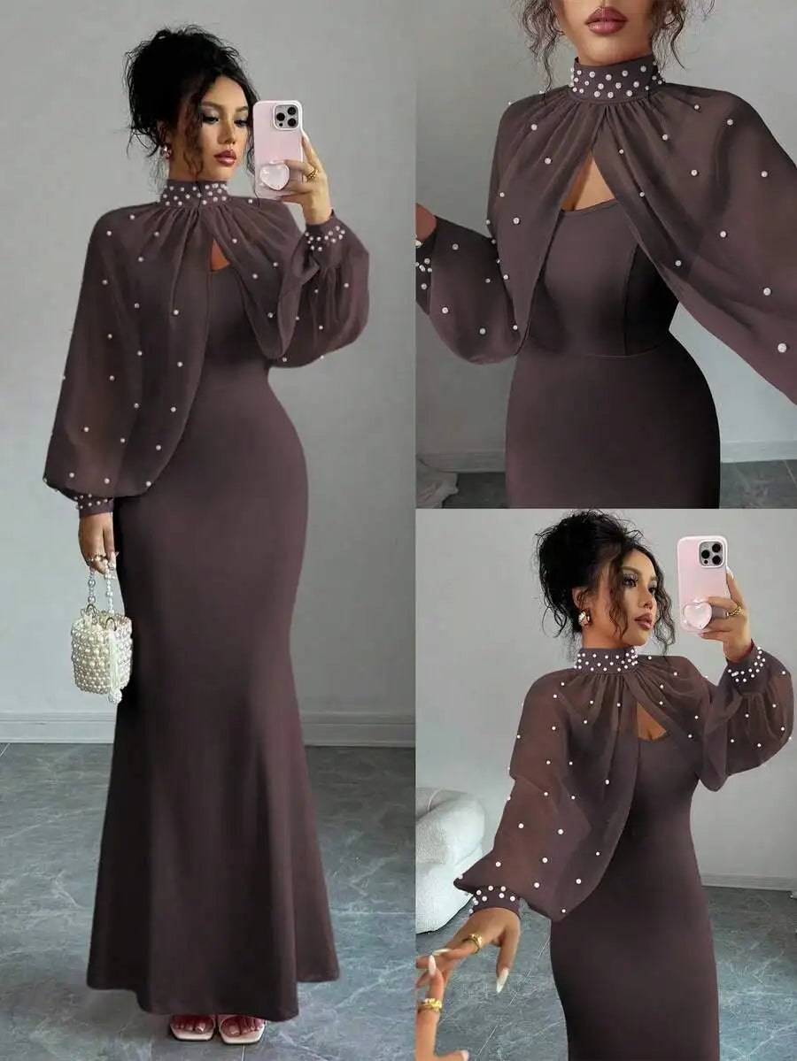 Elegante vestido de sirena rosa con capa transparente de pedrería, conjunto de vestido ajustado