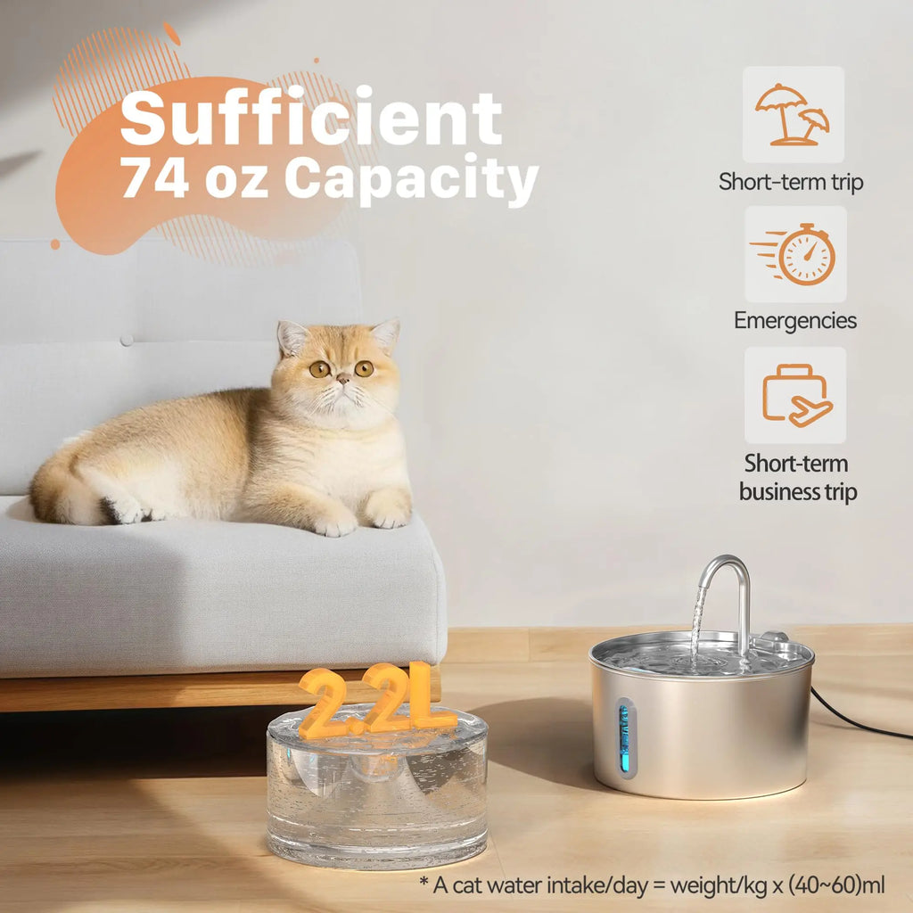 Fontaine à Eau Automatique pour Chat 2,2 L, Distributeur d'Eau en Acier Inoxydable pour Chiens, Pompe Ultra-silencieuse, Fontaine à Eau pour Plusieurs Animaux de Compagnie