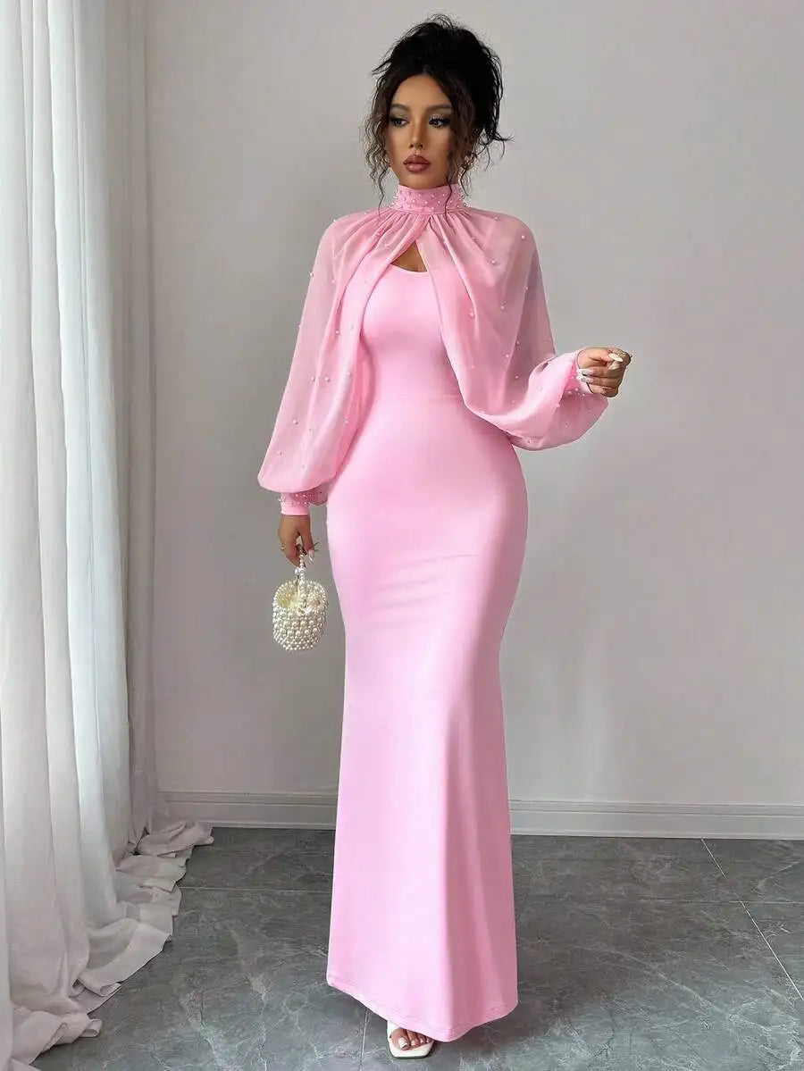Elegante vestido de sirena rosa con capa transparente de pedrería, conjunto de vestido ajustado