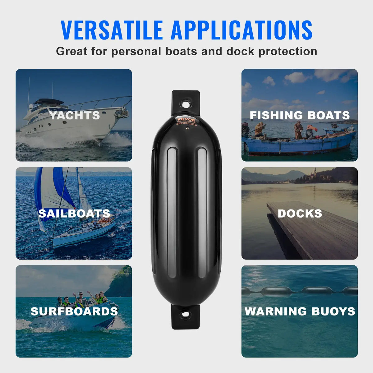 SucceBuy aufblasbarer gerippter Fender mit mittigen Öffnungen, Bootsfender für Steg und Marineboote, mit Luftpumpe, 4 Nadeln, 4 Seilen und Aufbewahrungstasche