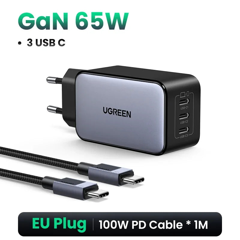 UGREEN 65W GaN Charger 4 Ports USB C Fast Charger Quick Charge 3.0 PD 3.0 For Macbook Air Laptops Tablet iPhone 17 16 15 Pro Max
