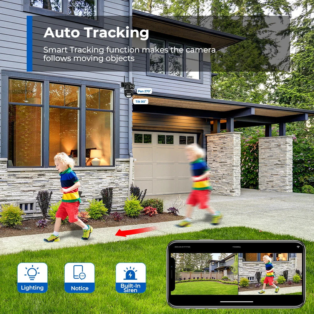 8MP 4K PTZ Wifi Camera Dual Lens with Dual Screen Ai Human Detect Auto Tracking Wireless Outdoor Surveillance Camera iCSee App