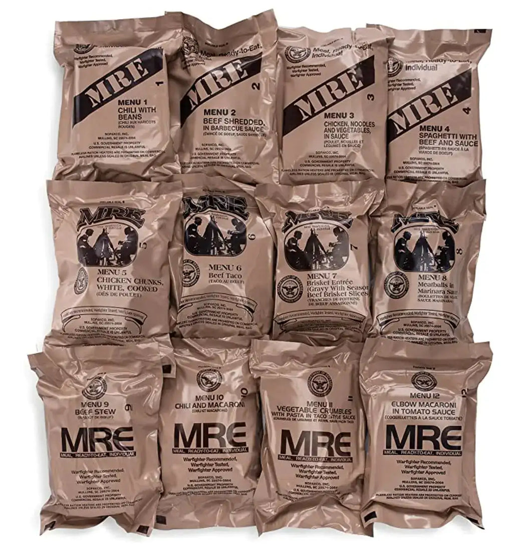 Caja de 24 raciones de combate MRE (Meals Ready to Eat) de excedente militar de EE. UU., menús 1-24, fecha de inspección 2021, 2.71 libras