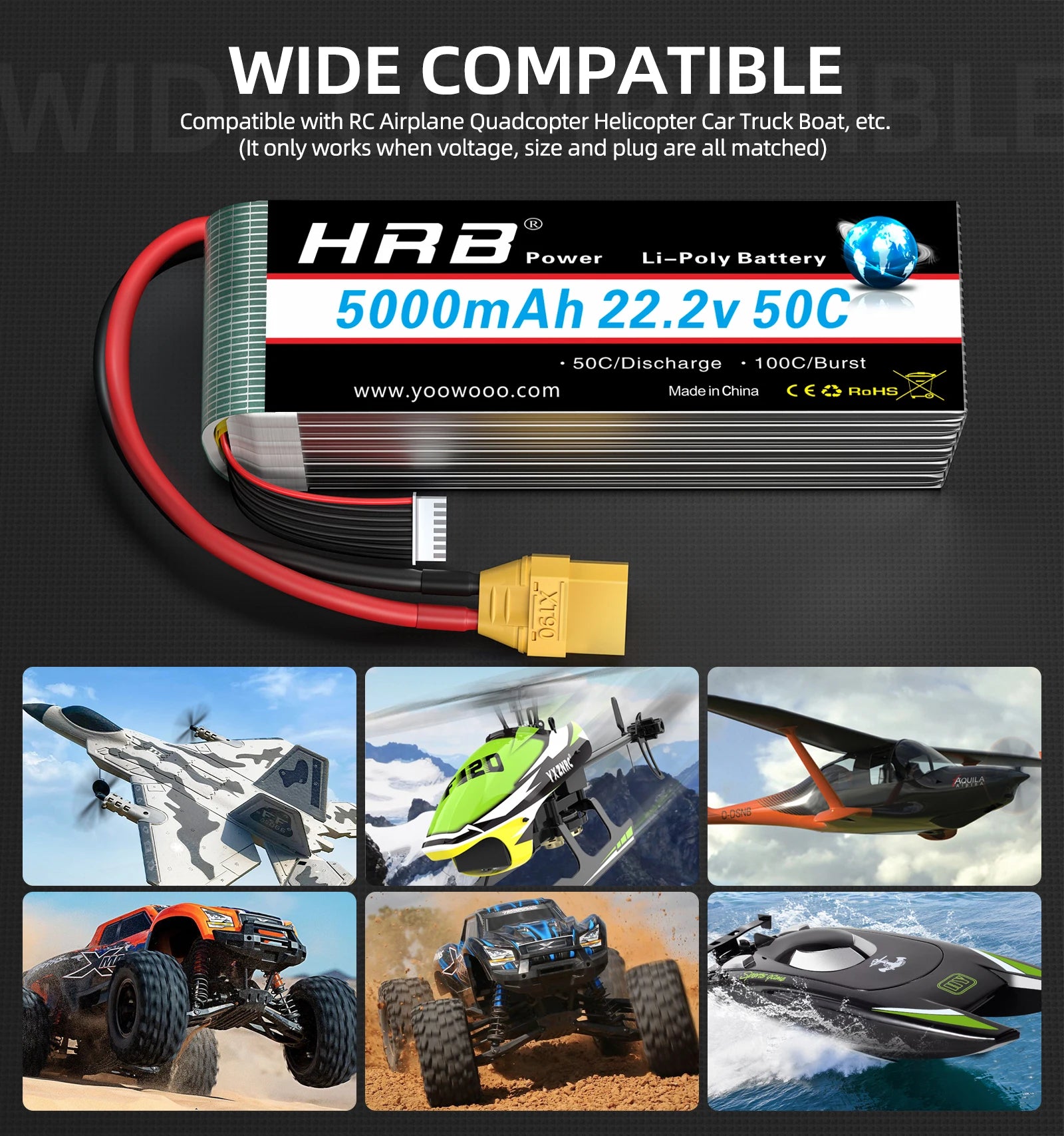 1/2PCS HRB 6S Lipo Battery 22.2V 5000mah Drone Battery 50C With XT90 Connector for Quadcopter AirplaneRC Car Monster RC Drone