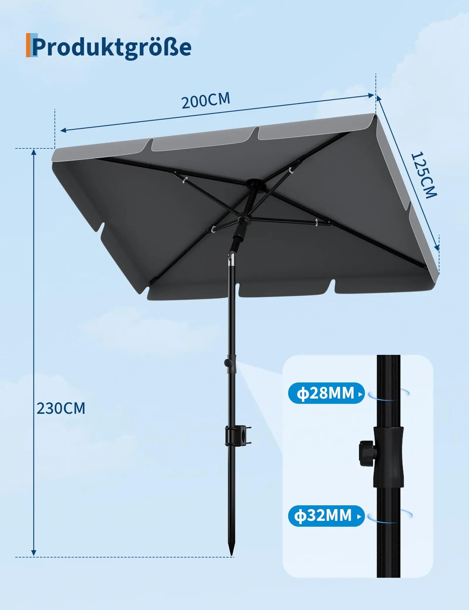 Sunshade 200x125 cm, UPF 50+ beach umbrella, height adjustable from 145-225 cm, foldable at 45°, with cover, sun protection