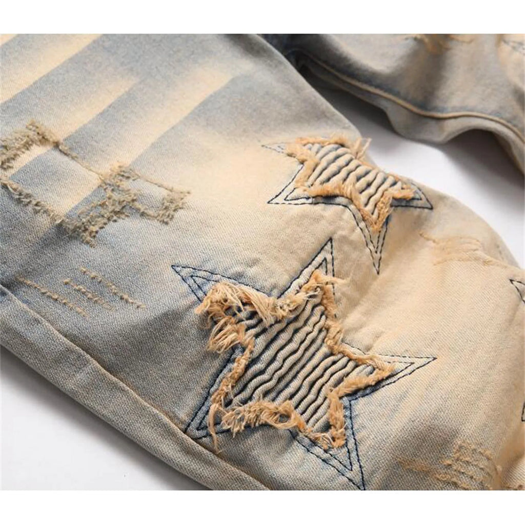 Nouveau et Style Stretch Trou Mendiant Broderie Avec Vintage Flanged Personnalité Mode Pantalon Homme Décontracté de Haute Qualité