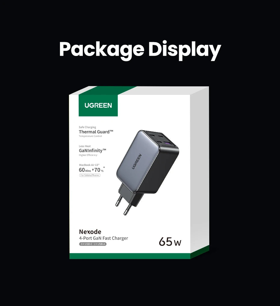 UGREEN 65W GaN Charger 4 Ports USB C Fast Charger Quick Charge 3.0 PD 3.0 For Macbook Air Laptops Tablet iPhone 17 16 15 Pro Max