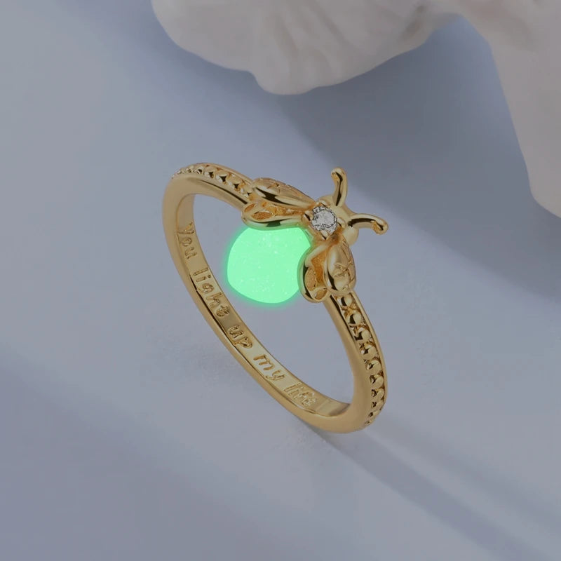 Original 925 Sterling Silver Sparkling Golden Star Firefly Moon Ring For Women Girls Jewelry Birthday Anniversary Gifts
