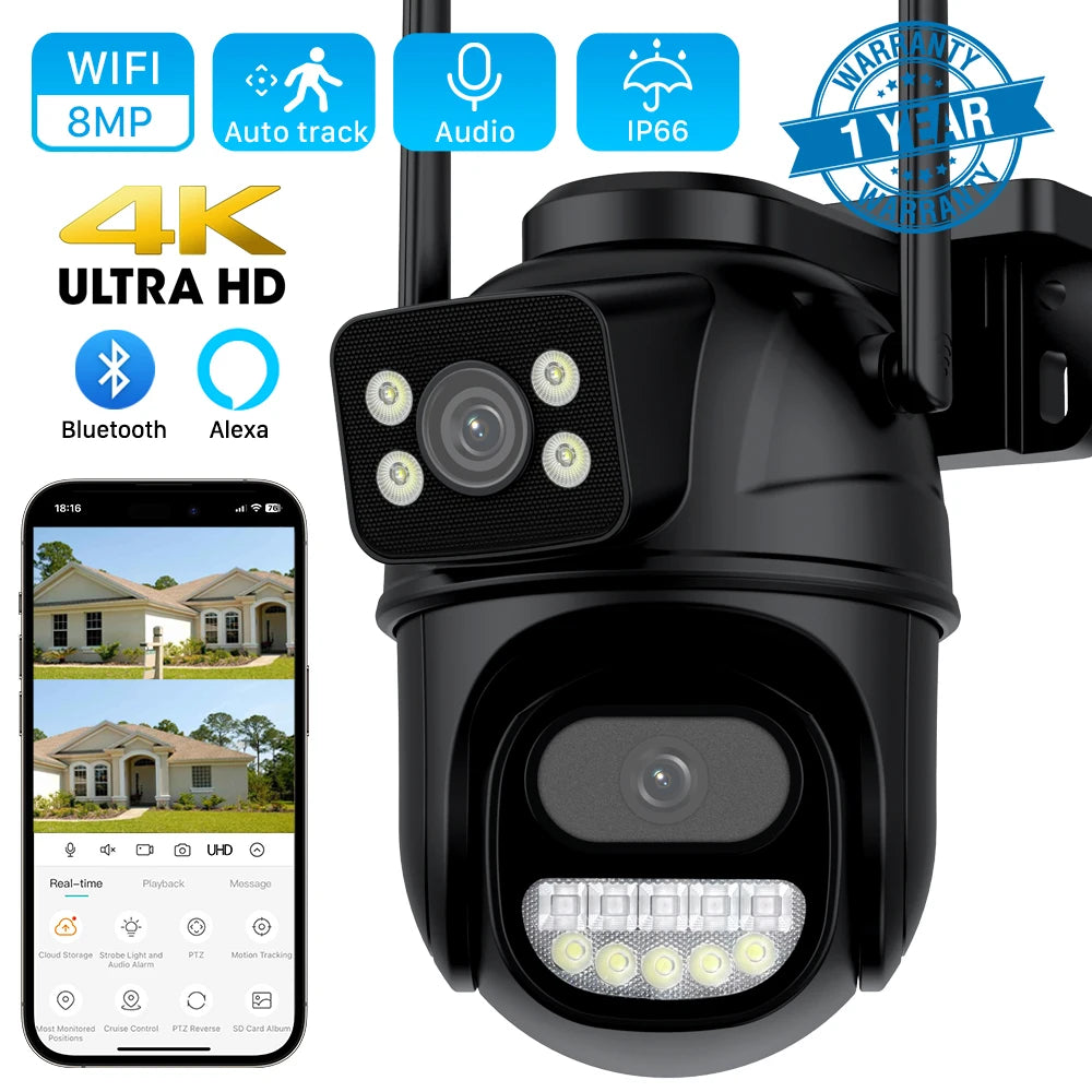 8MP 4K PTZ Wifi Camera Dual Lens with Dual Screen Ai Human Detect Auto Tracking Wireless Outdoor Surveillance Camera iCSee App