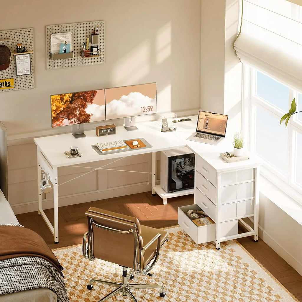 Colehome Corner desk with 4 Drawers, Reversible desk with Home Office Storage, 135 × 100 cm Bianco