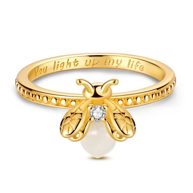 Original 925 Sterling Silver Sparkling Golden Star Firefly Moon Ring For Women Girls Jewelry Birthday Anniversary Gifts
