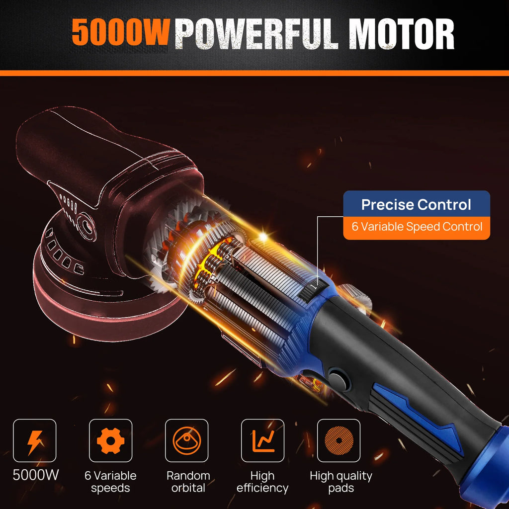 Ponceuse DayPlus 5000W Double Action pour Voiture, Lustreuse/Polisseuse Voiture Orbitale Aléatoire 6 Vitesses Variables pour le Détail de Voiture