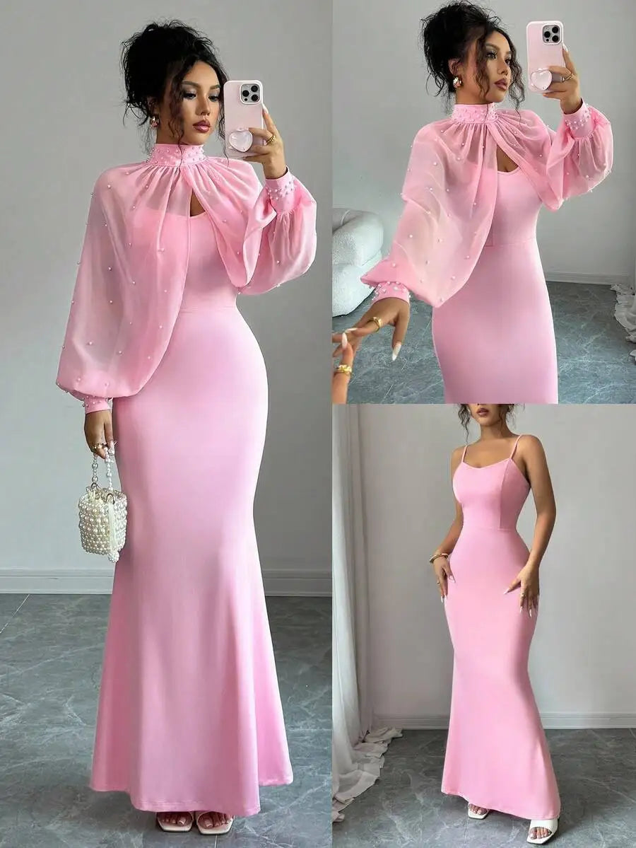 Elegante vestido de sirena rosa con capa transparente de pedrería, conjunto de vestido ajustado