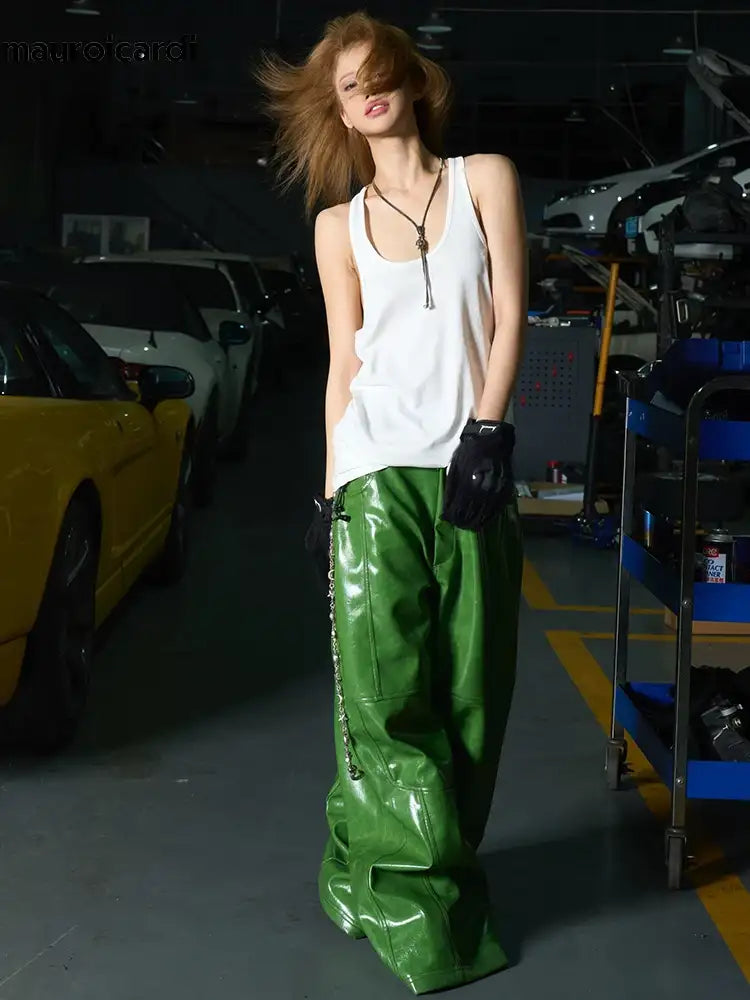 Mauroicardi Spring Autumn Cool Long Shiny Reflective Green PU Leather Wide Leg Pants for Men - Y2K Luxury Style