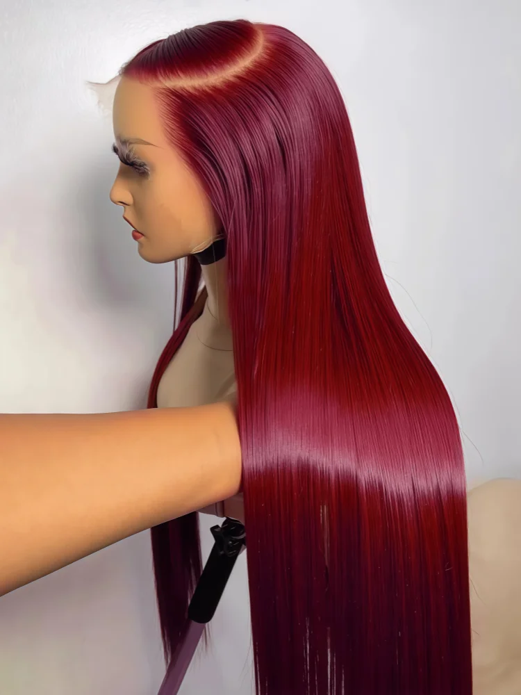 34-Zoll-Perücke aus menschlichem brasilianischem Haar, 99J Burgundy, glatt, 13x4 HD-transparente Lace-Front-Perücke, vorgezupfter natürlicher Haaransatz für Frauen