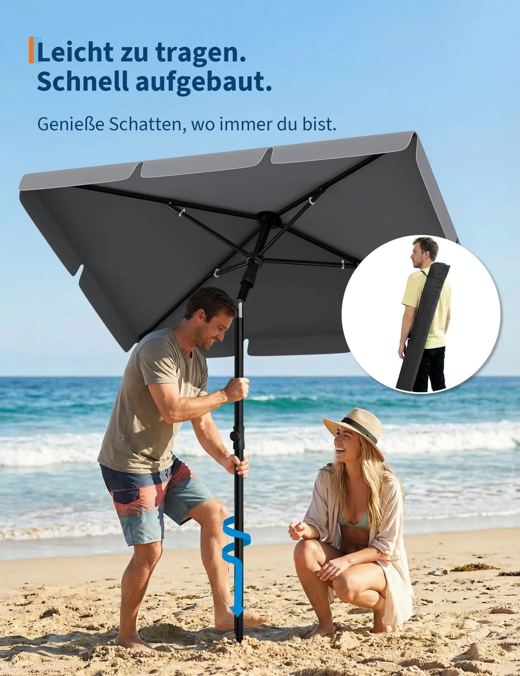Sunshade 200x125 cm, UPF 50+ beach umbrella, height adjustable from 145-225 cm, foldable at 45°, with cover, sun protection
