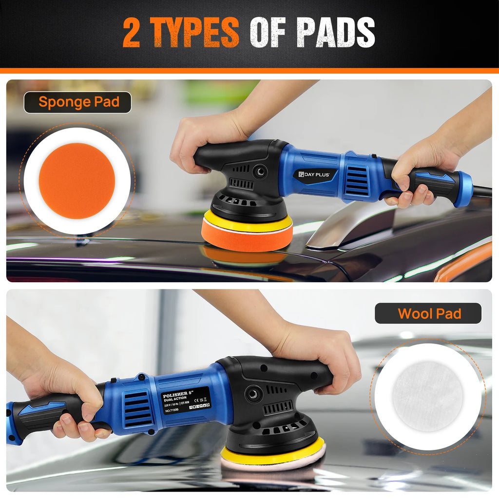 Ponceuse DayPlus 5000W Double Action pour Voiture, Lustreuse/Polisseuse Voiture Orbitale Aléatoire 6 Vitesses Variables pour le Détail de Voiture