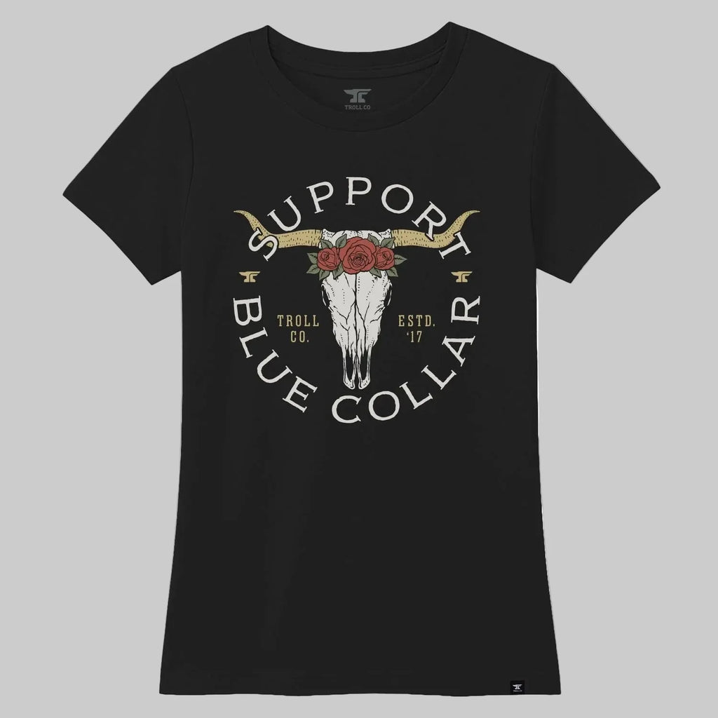 DHCM Women’s Support Blue Collar Longhorn T-Shirt. SBC Graphic Tee