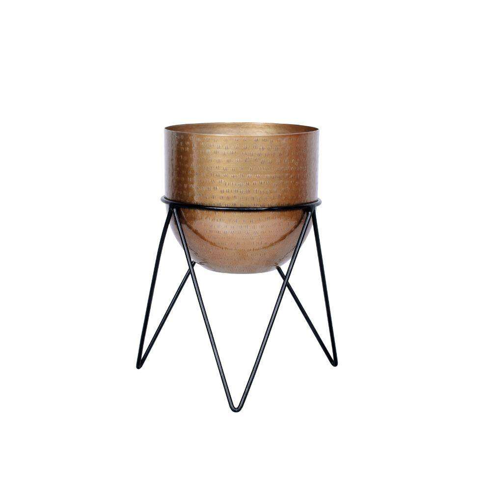 Teresa - Brass Mid-Century Planter With Black Metal Stand