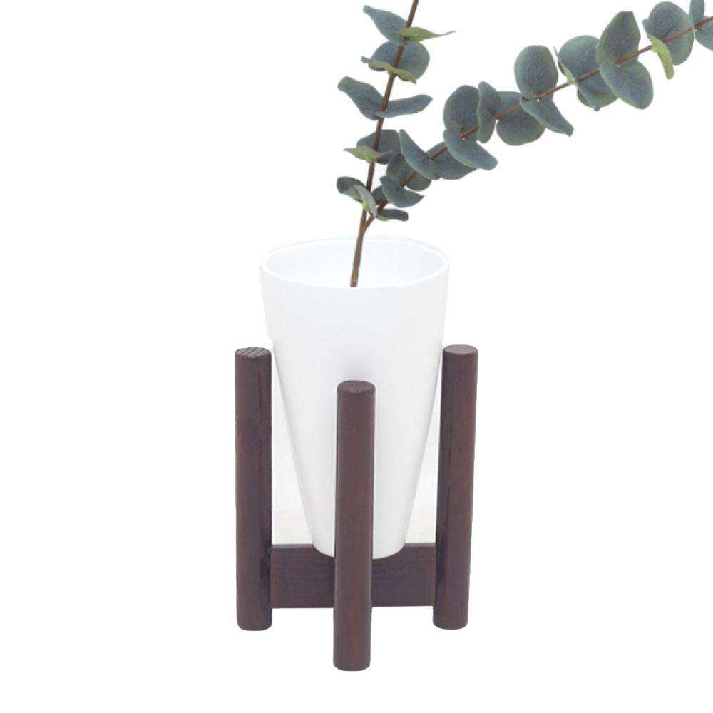 Vase - White Bamboo Mid-Century Tabletop Planter On Wood Stand