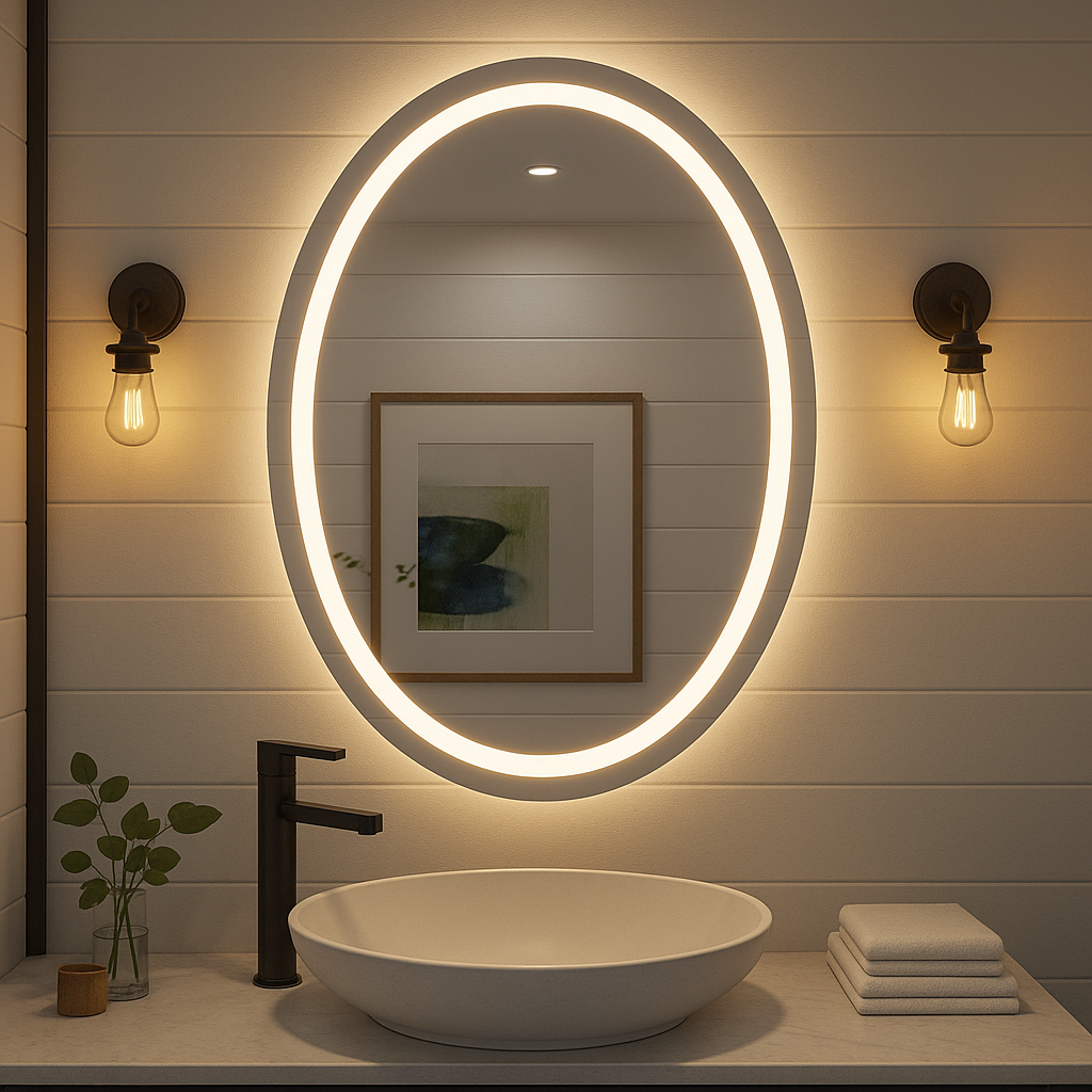 Espejo de baño LED ovalado Ondelle: aro con iluminación frontal + halo retroiluminado, antivaho | 24″×32″, 30″×36″