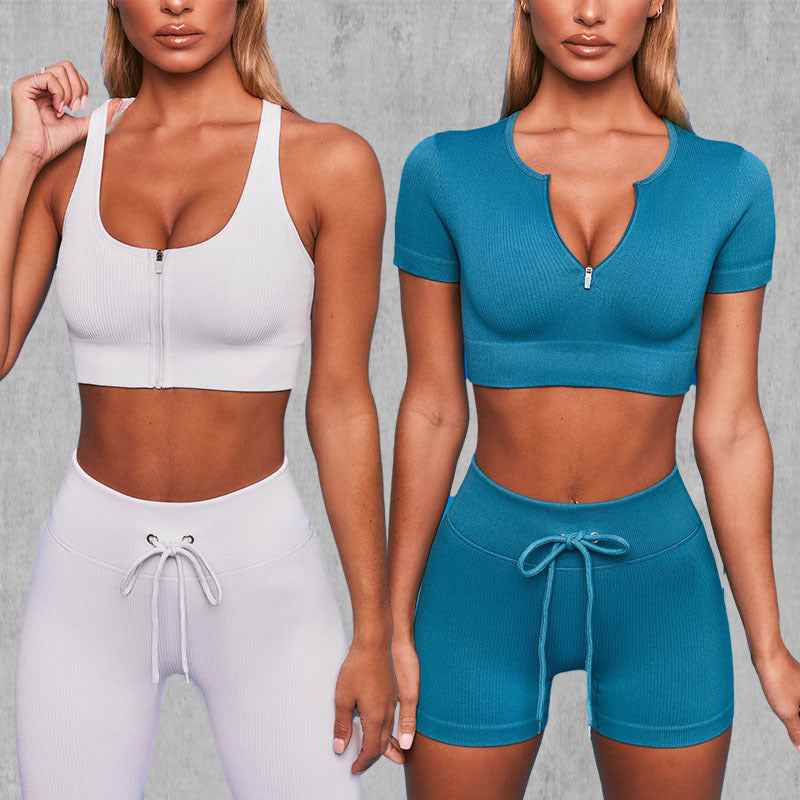 Gepolstertes Lauf-BH- & Yoga-Outfit-Set – Schnelltrocknende gerippte Sportbekleidung für Damen