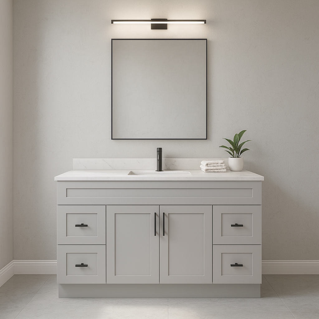 Tocador de baño Shaker de un solo lavabo de 60 pulgadas — Blanco o gris | Gabinete de madera contrachapada, puertas de madera maciza, bisagras de clip de 3 vías de cierre suave | 4 cajones, puertas dobles centrales