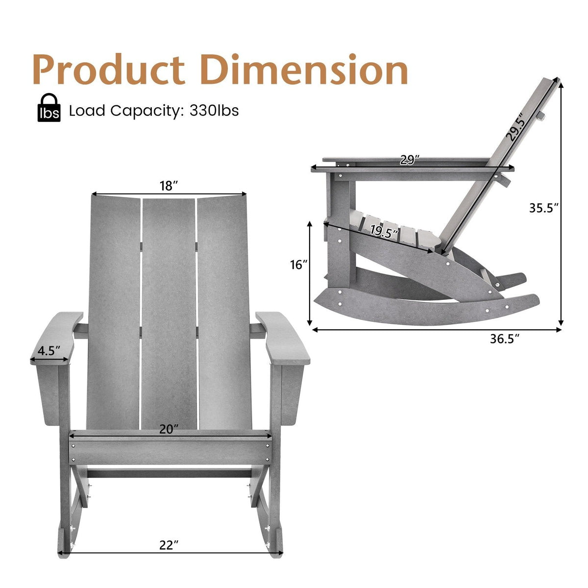 Fauteuil à bascule Adirondack à dossier incurvé pour balcon - gris