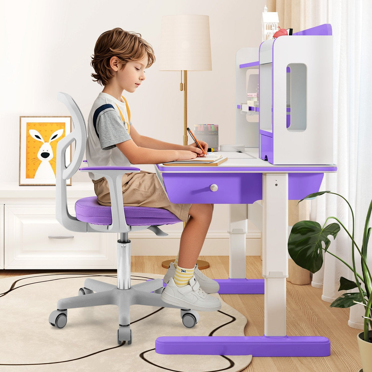 Chaise de bureau réglable avec roulettes à frein automatique pour enfants - Violet