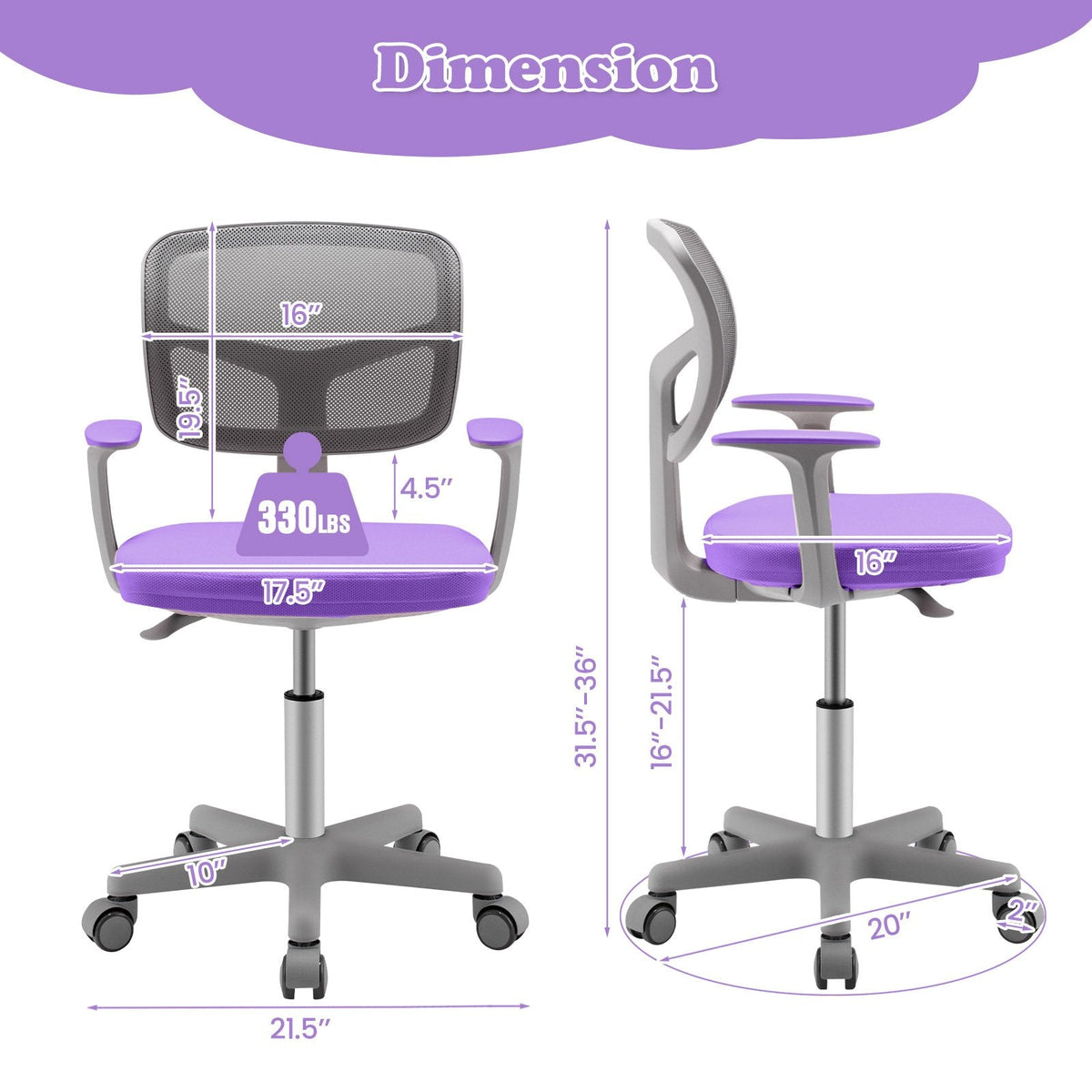 Chaise de bureau réglable avec roulettes à frein automatique pour enfants - Violet