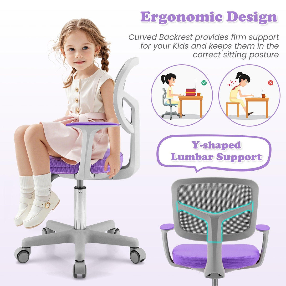 Chaise de bureau réglable avec roulettes à frein automatique pour enfants - Violet