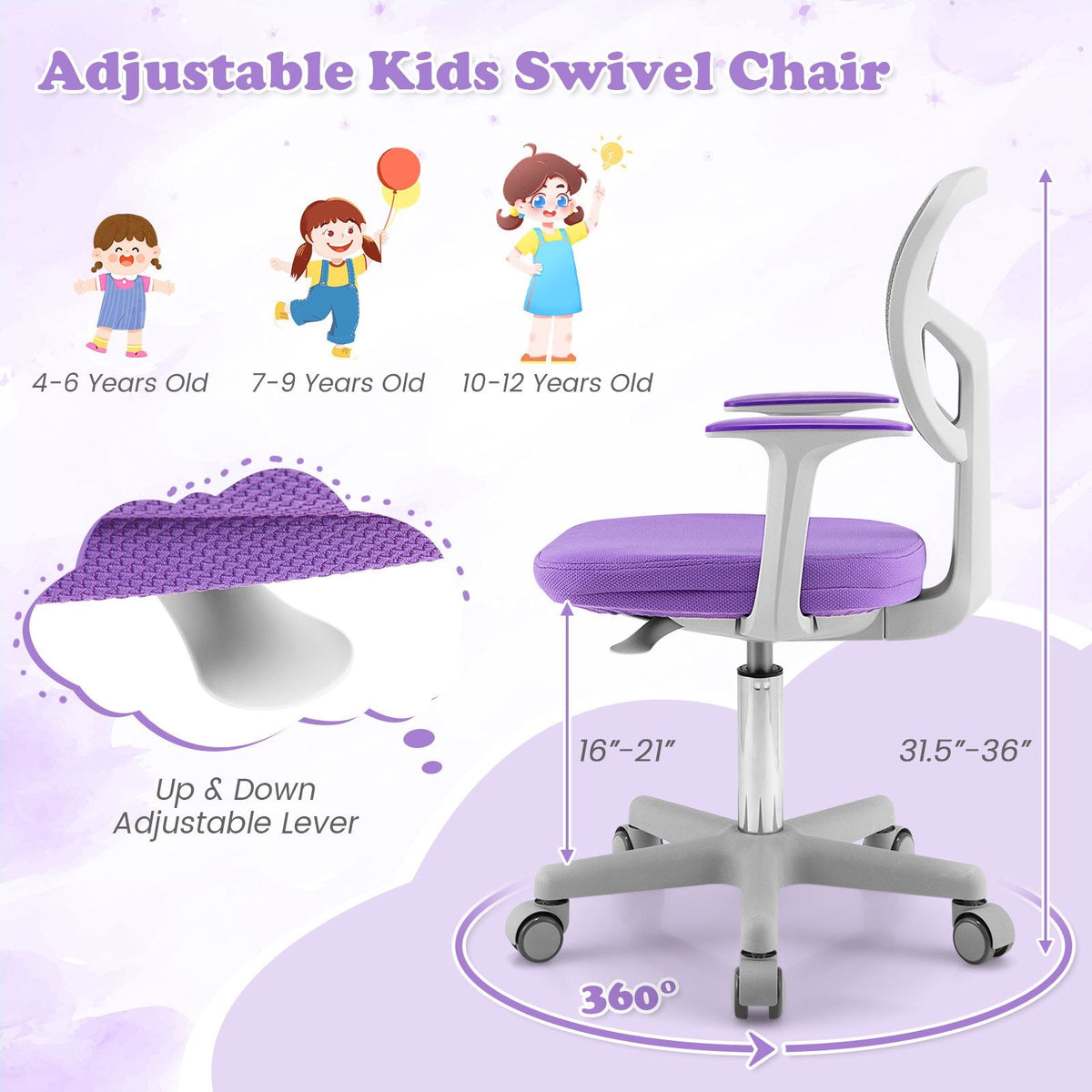 Chaise de bureau réglable avec roulettes à frein automatique pour enfants - Violet
