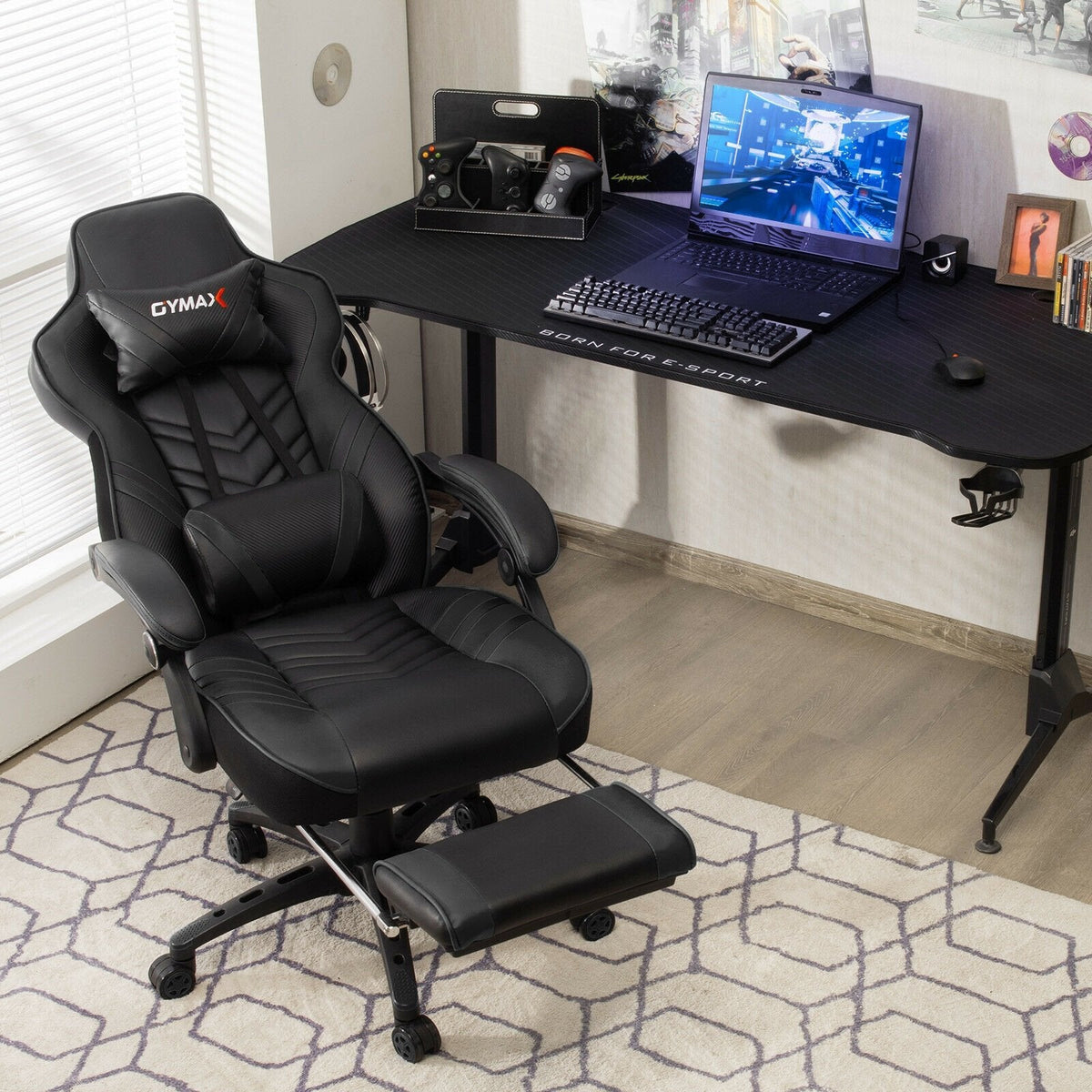Silla gamer ajustable con reposapiés para oficina en casa - Negro