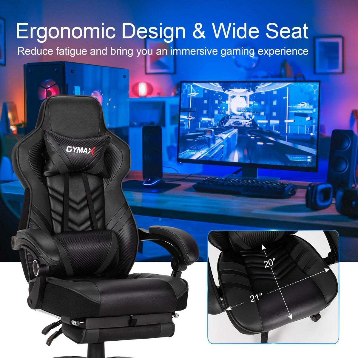 Silla gamer ajustable con reposapiés para oficina en casa - Negro