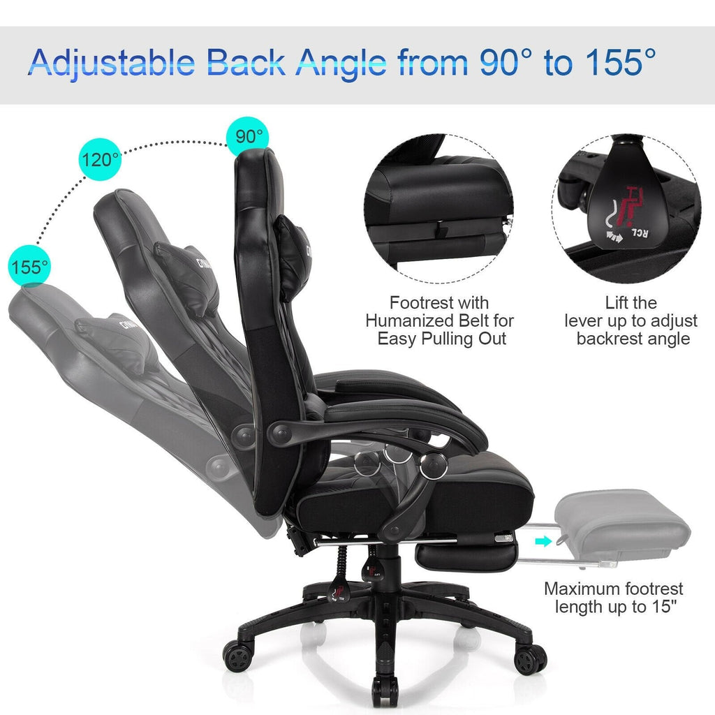 Silla gamer ajustable con reposapiés para oficina en casa - Negro