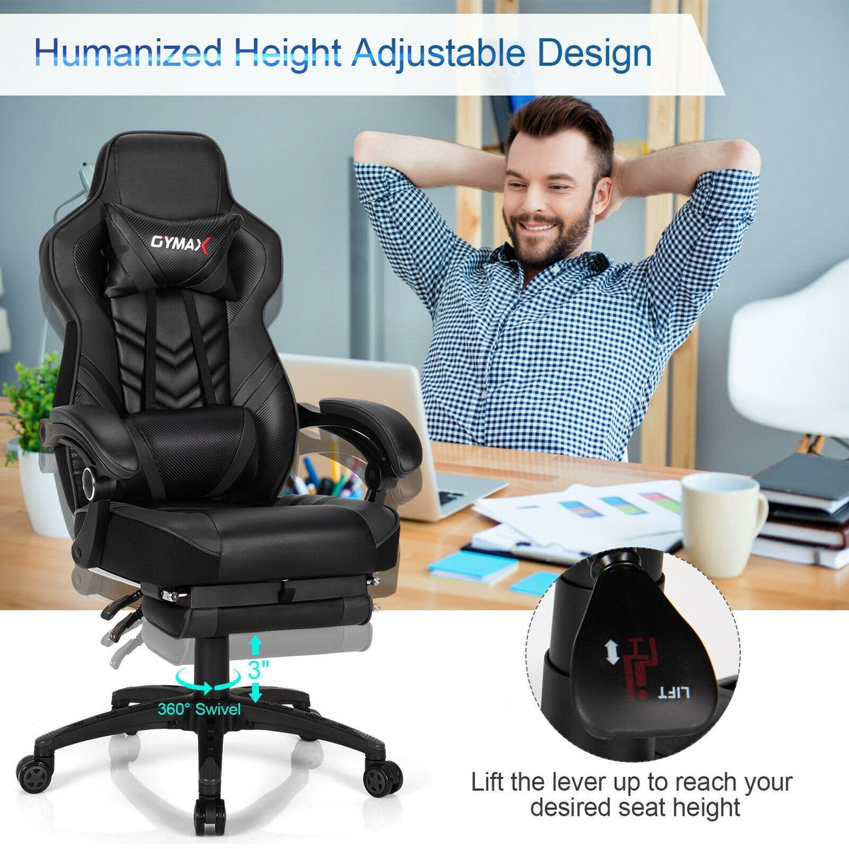 Silla gamer ajustable con reposapiés para oficina en casa - Negro
