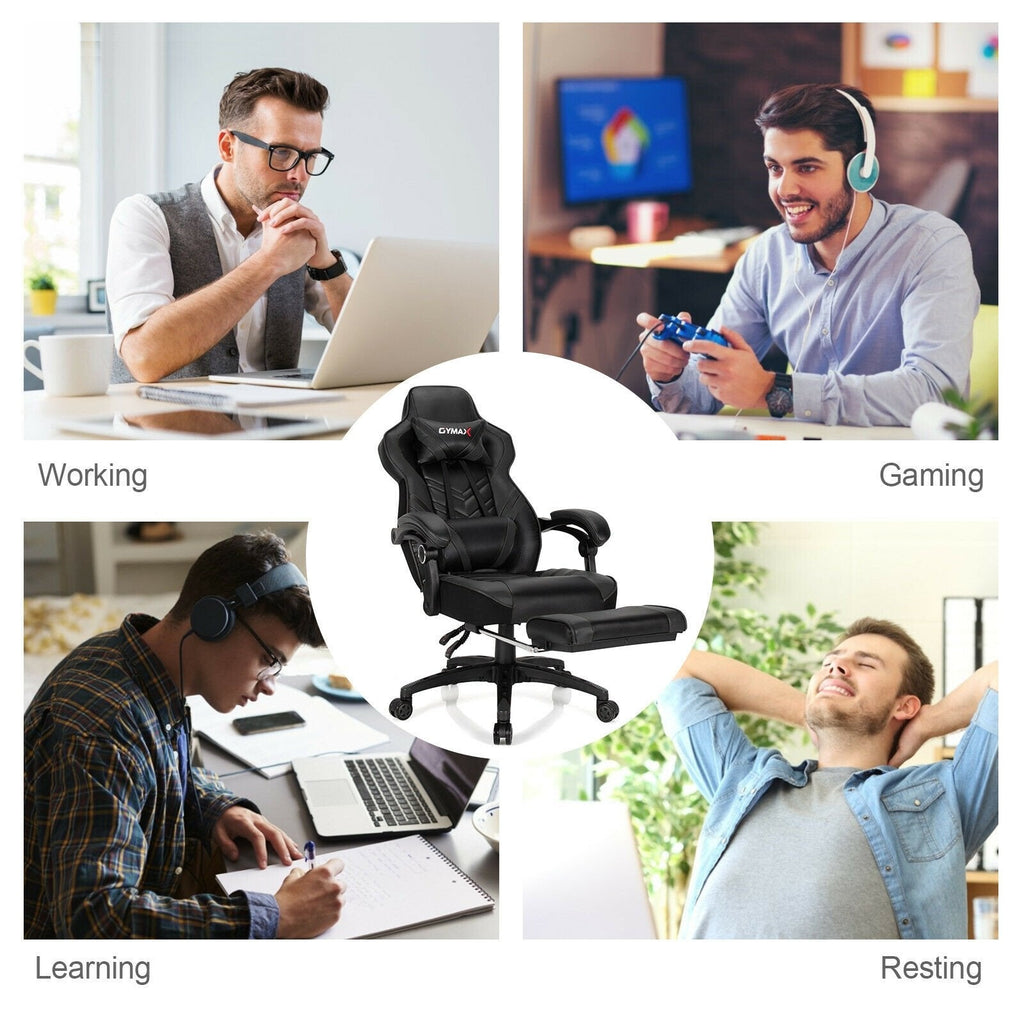 Silla gamer ajustable con reposapiés para oficina en casa - Negro