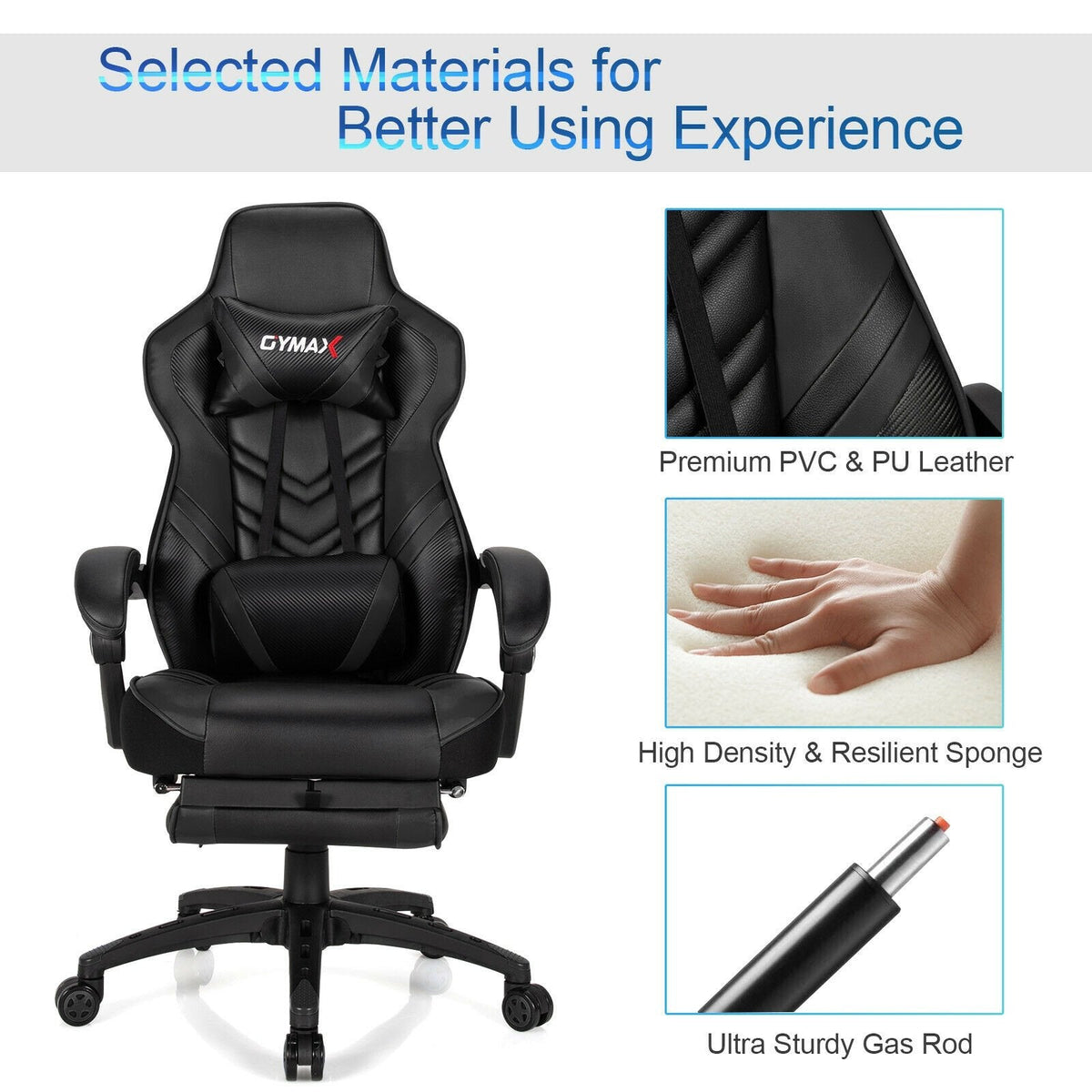 Silla gamer ajustable con reposapiés para oficina en casa - Negro