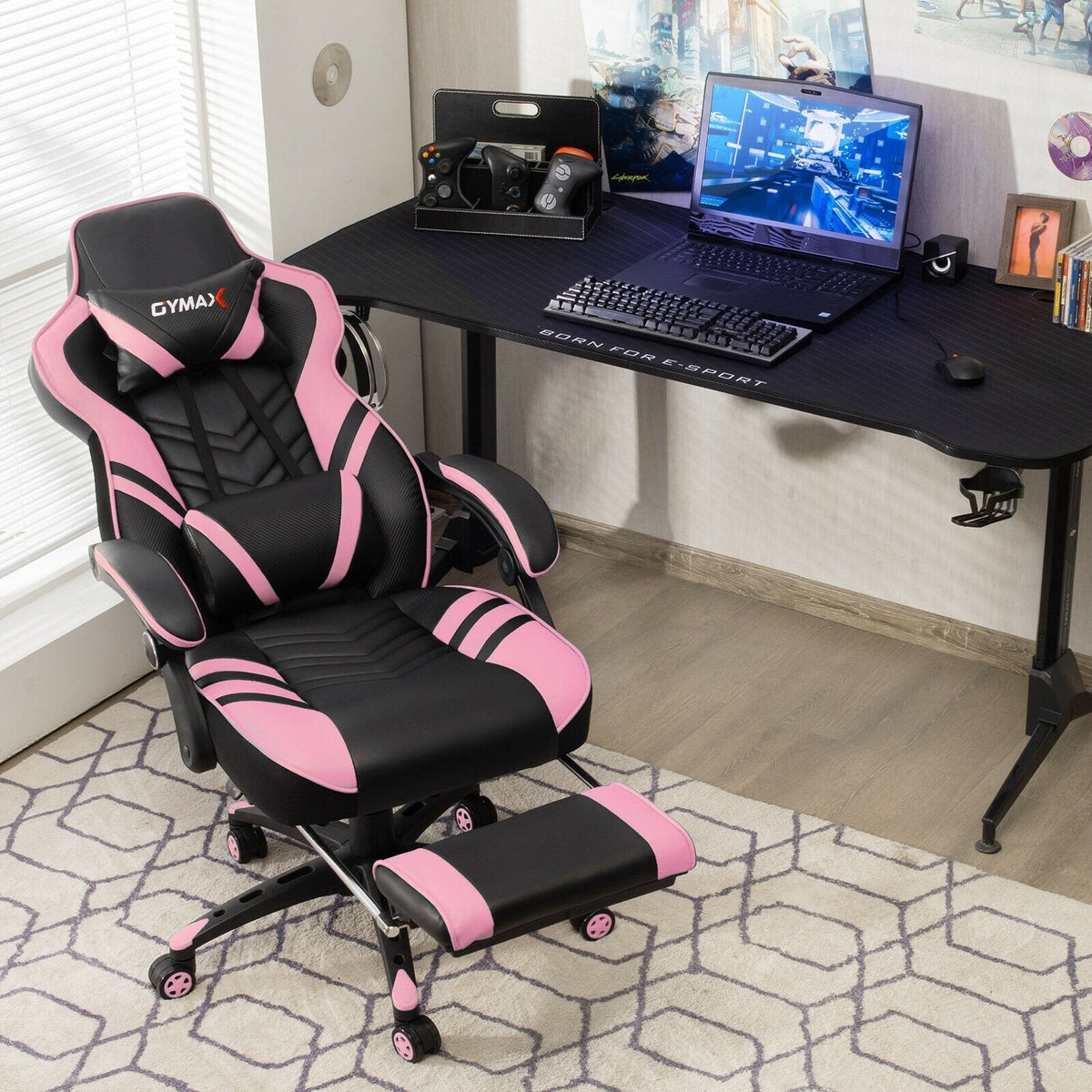 Chaise de bureau gamer réglable avec repose-pieds - Rose