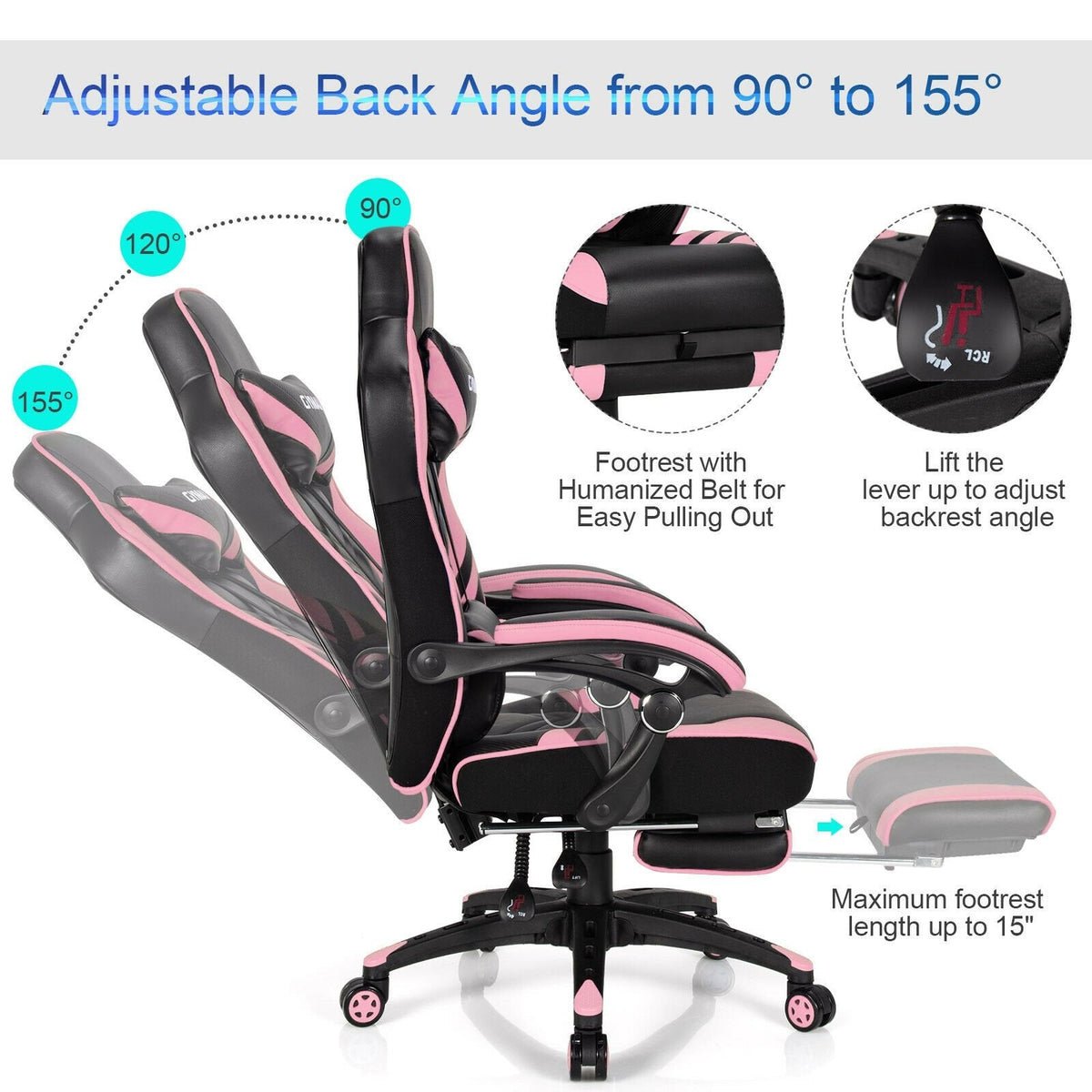 Chaise de bureau gamer réglable avec repose-pieds - Rose