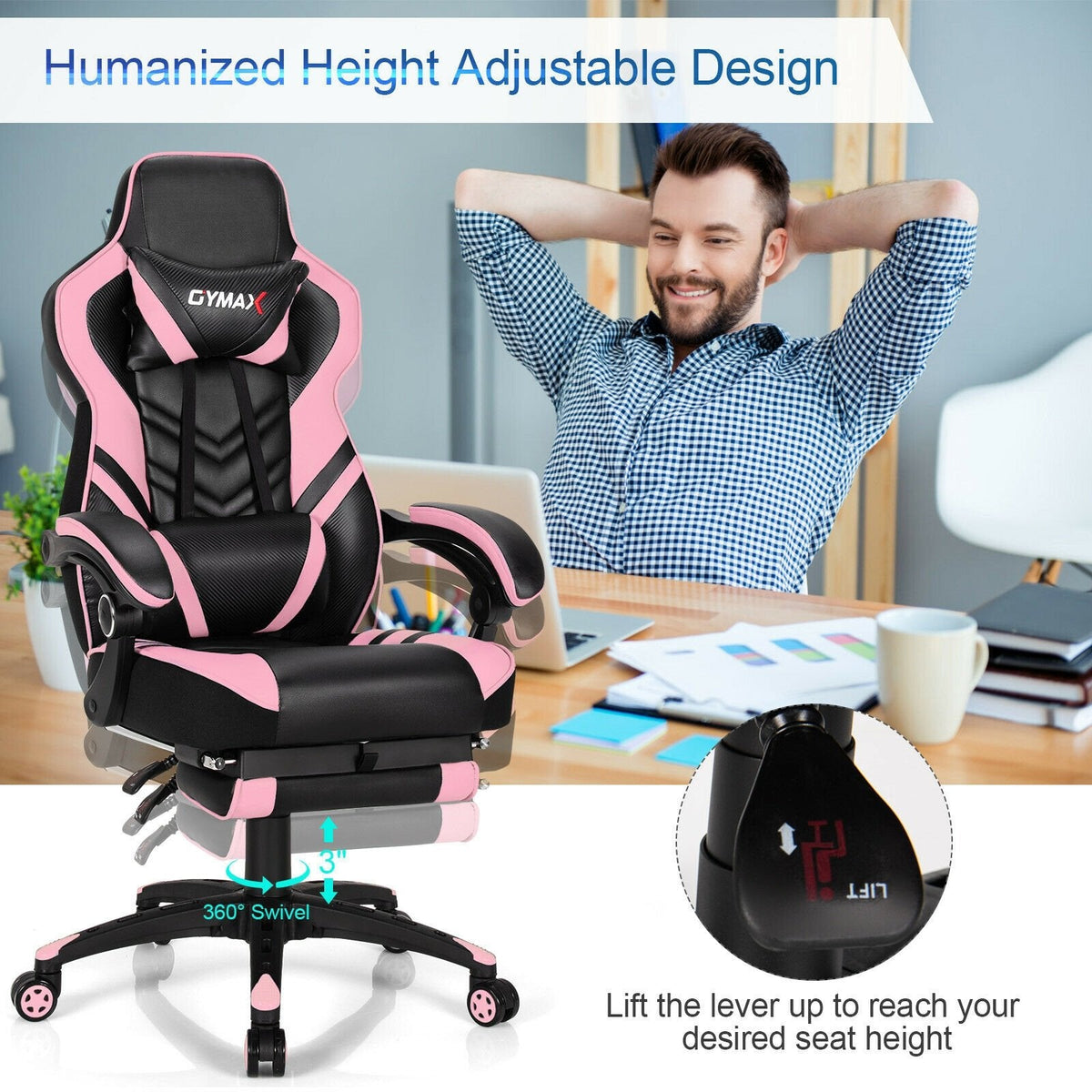 Chaise de bureau gamer réglable avec repose-pieds - Rose